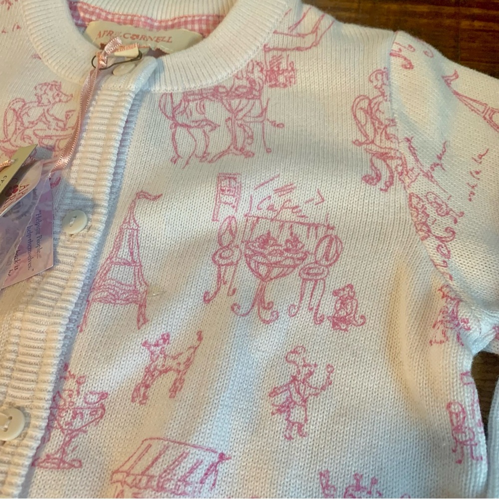 Vintage April Cornell Poodle In Parie Print Cardigan White& Pink Button Front - Picture 3 of 8